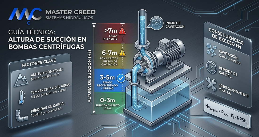 ¿A qué altura de succión debe operar una bomba centrífuga para evitar problemas?