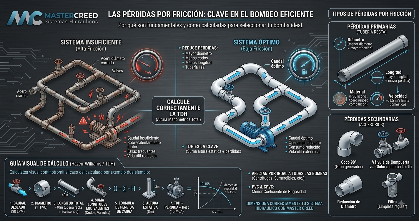 ¿Qué son las pérdidas por fricción y cómo afectan el funcionamiento de una bomba de agua?