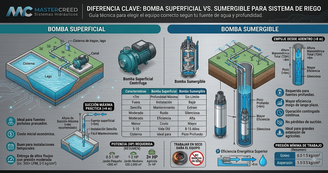 ¿Bomba superficial o sumergible para sistema de riego? Cómo elegir la correcta