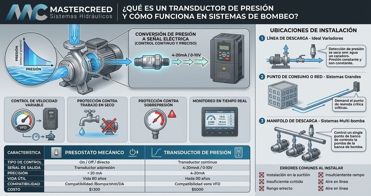 ¿Dónde se instala un transductor de presión en una bomba de agua y para qué sirve?